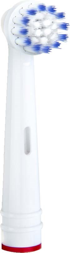 A white electric toothbrush with blue and white bristles and a red ring near the bottom.