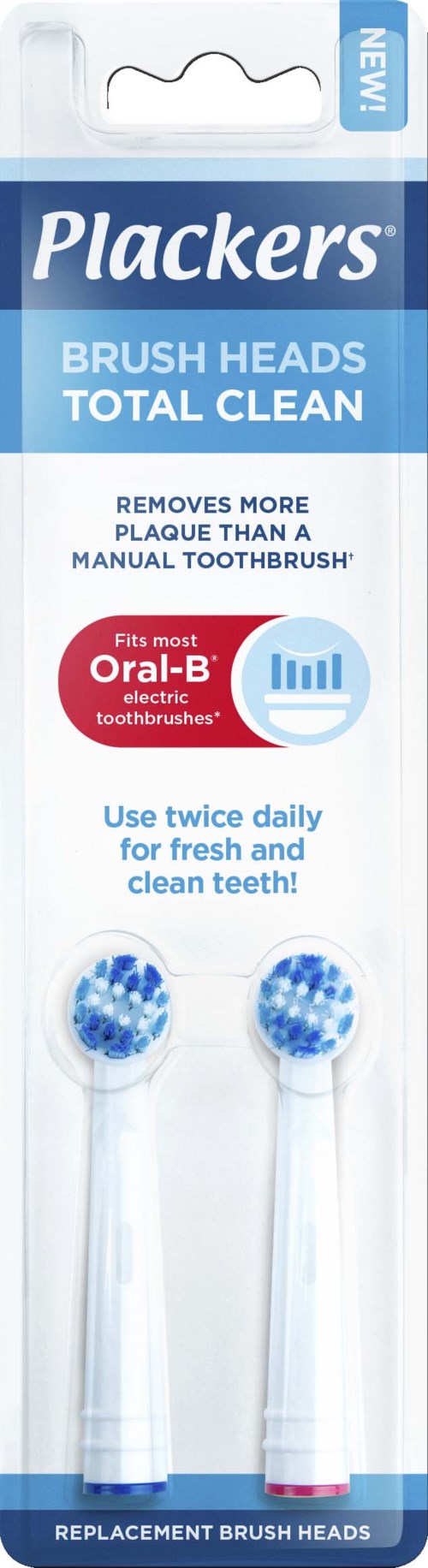 Two toothbrush heads in a package, white with blue bristles, for cleaning electric toothbrushes.