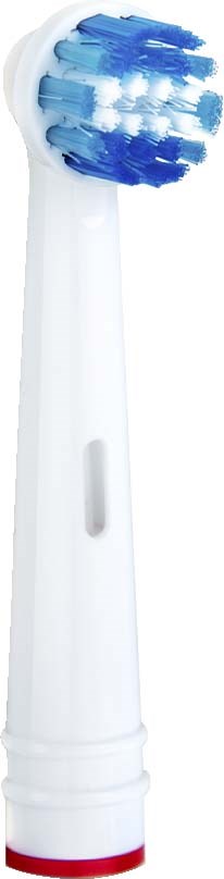 Electric toothbrush with blue and white bristles on a white handle.