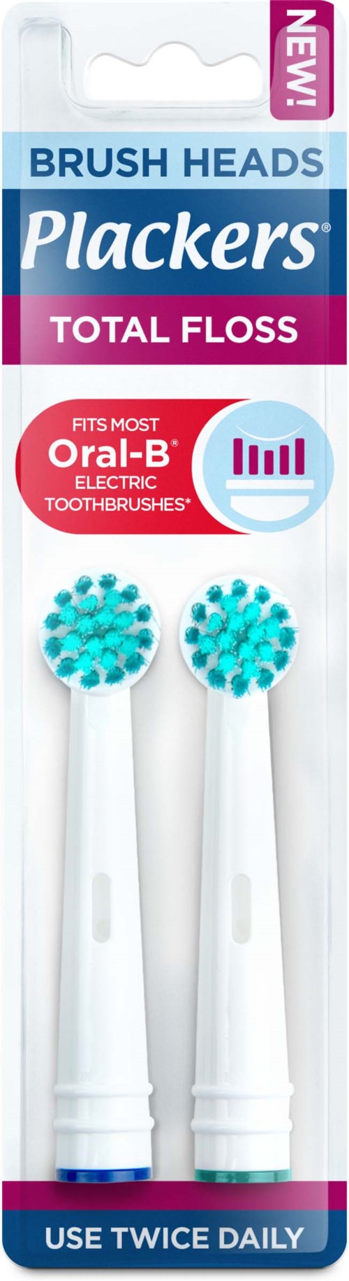 Two toothbrush heads with blue bristles in clear plastic packaging for electric toothbrushes.