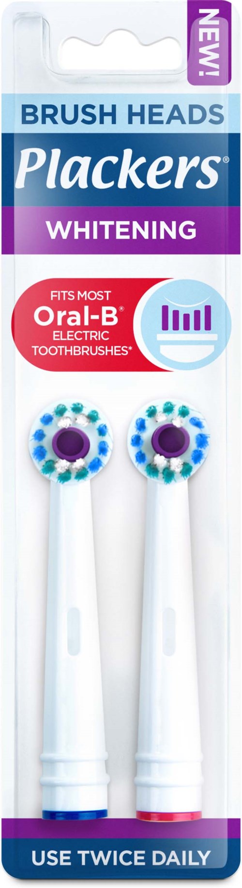 Two toothbrush heads labeled Plackers Whitening, designed for electric toothbrushes, for daily use.