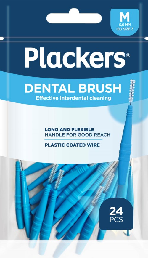 A pack of 24 blue dental brushes with plastic coated wire, labeled for interdentinal cleaning.