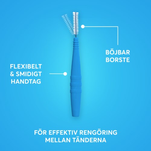 A blue toothbrush with a flexible handle, bendable brush head, and designed for effective cleaning between teeth.