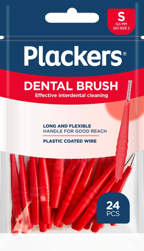 Dental brush with red plastic coated wire, 24 pieces, effective for interdentinal cleaning.