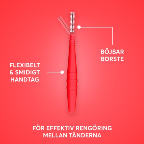 A red toothbrush with a flexible handle, angled bristles, and easy grip for cleaning between teeth.