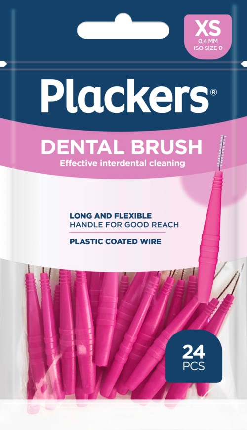 A package of 24 pink dental brushes with plastic coated wire, designed for effective interdental cleaning.