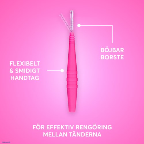 A pink dental tool with a flexible handle, a bendable brush, and a thin, straight brush for cleaning teeth.