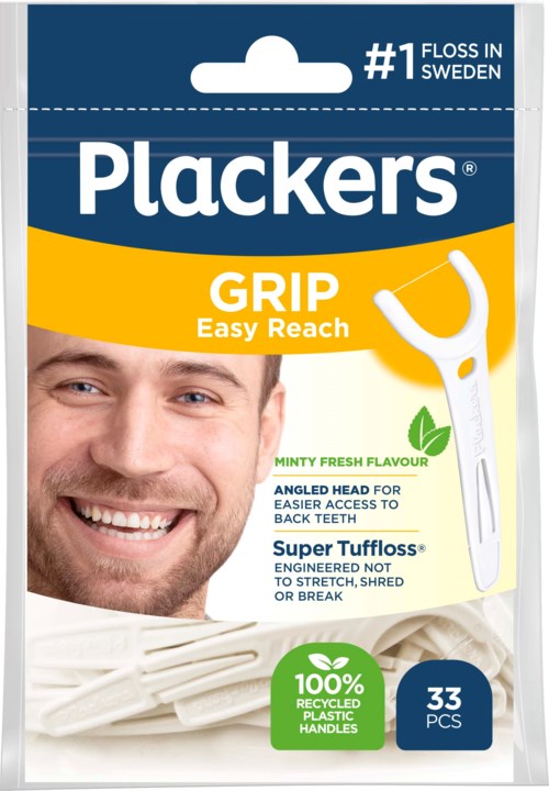 A package of Plackers dental floss picks with a smiling man on it. It says 'Grip Easy Reach,' mint flavor, 33 pieces.