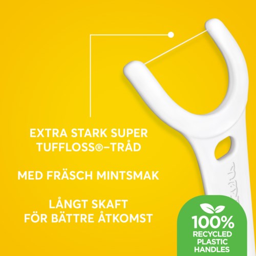 This is a yellow background with a white dental pick tool, text about a floss product, and a green 100% recycled plastic handle label.