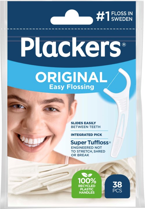 Packet of Plackers dental floss with a smiling person, green recycling symbol, and text about features.