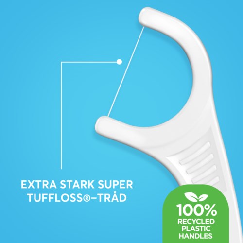 A white dental floss pick with a curved handle, displayed on a blue background, highlighting eco-friendly recycled plastic handle.