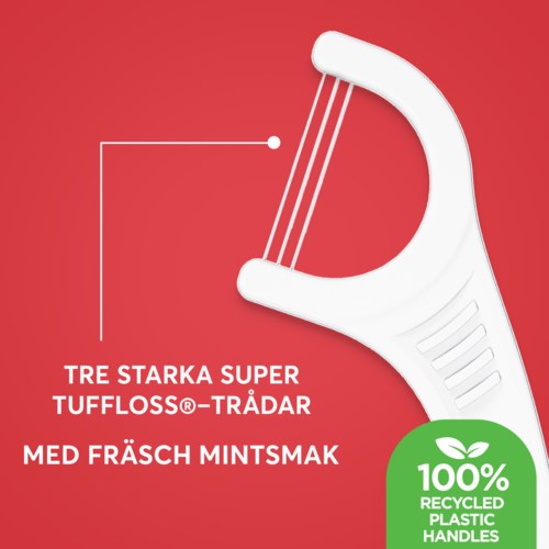 A white plastic tool with a handle, used for cleaning or flossing teeth, on a red background with text.