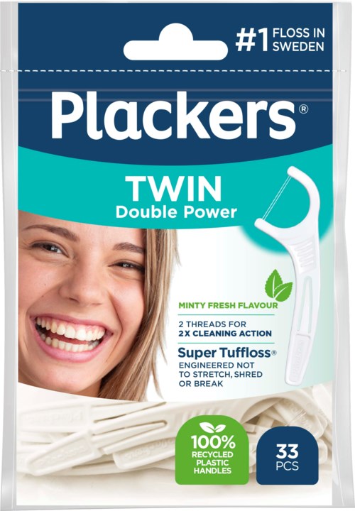 A package of dental floss with a smiling girl, blue and white colors, and text about double cleaning power and recycled handles.