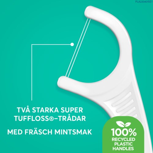 A dental flosser with a white handle, green sticker, and text about its features and fresh mint flavor.