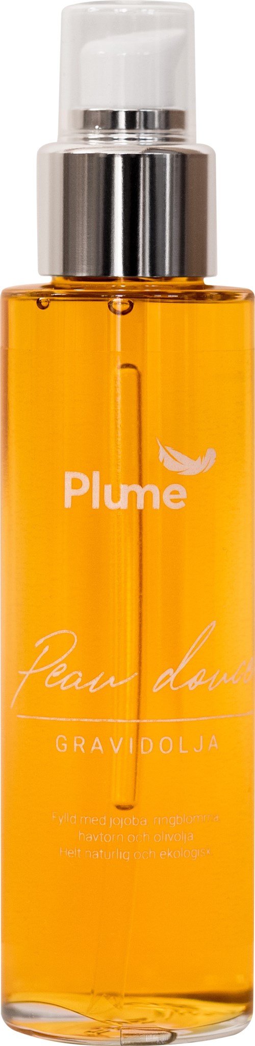 Eine gelb-orange Flasche mit Pumpe, beschriftet 'Plume', enthält ein Haut- oder Haarprodukt.