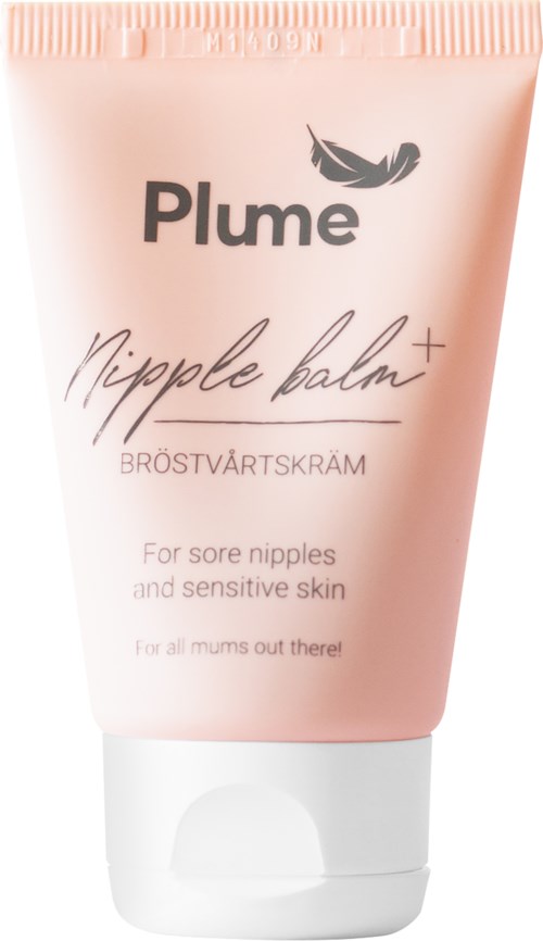 Eine hellrosa Tube mit weißem Deckel, beschriftet mit 'Plume' und 'Nipple balm+'. Es ist für schmerzende Brustwarzen und empfindliche Haut.