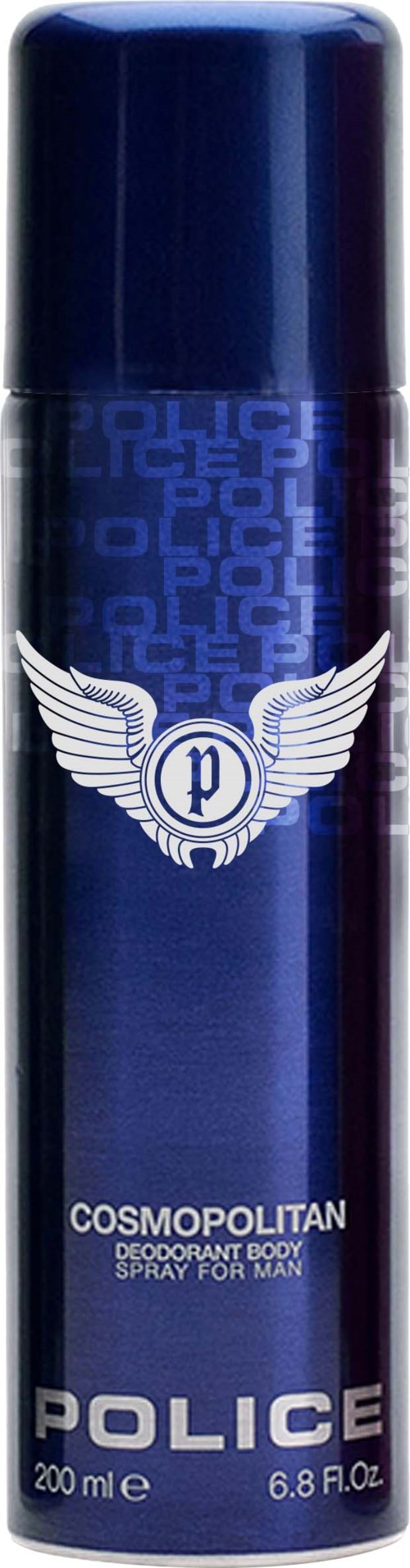 A tall, blue deodorant spray can with police-themed logo and text, saying 'POLICE' and 'COSMOPOLITAN'.