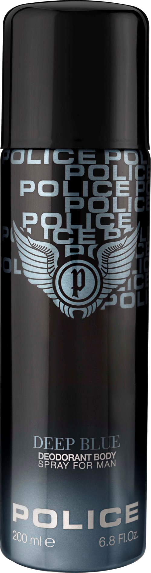 Een deodorant body spray met politielogo, donkerblauw, genaamd 'Deep Blue' voor mannen.