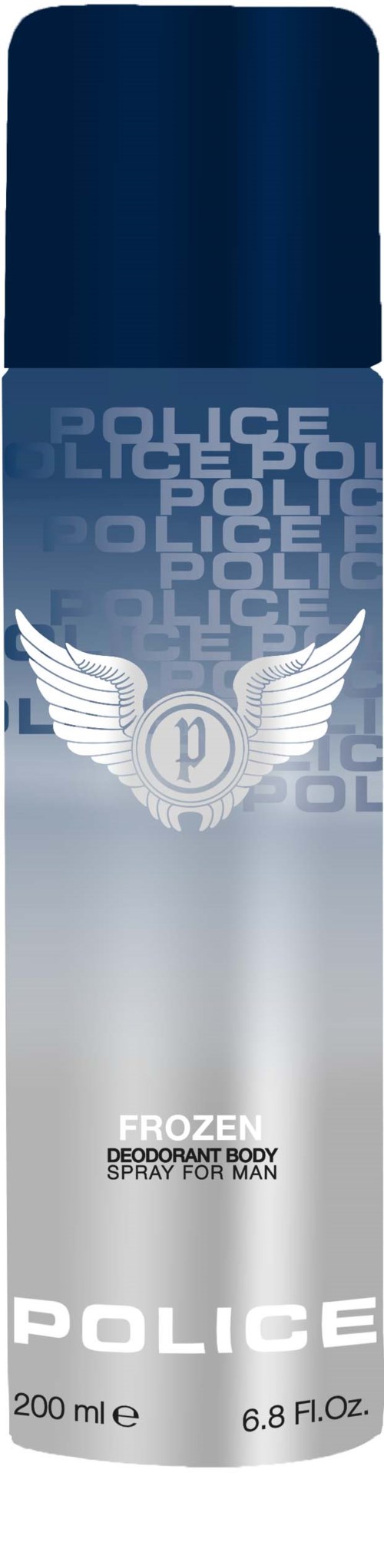 Een blikje met politie-thema deodorant met vleugels en het woord 'POLICE' op het label.