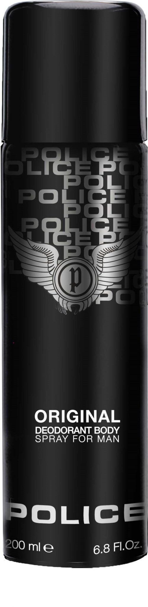 En svart deodorantspray med politivåkningslogo og hvit tekst. Den sier "ORIGINAL" og "DEODORANT BODY SPRAY FOR MAN".