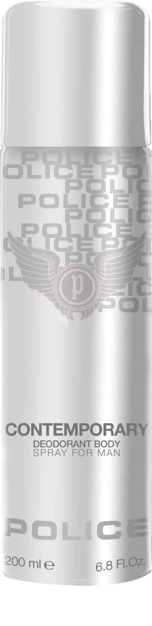 Een lange, zilveren spraybus met politie-embleem en tekst, gemarkeerd als deodorant voor mannen, 200 ml.