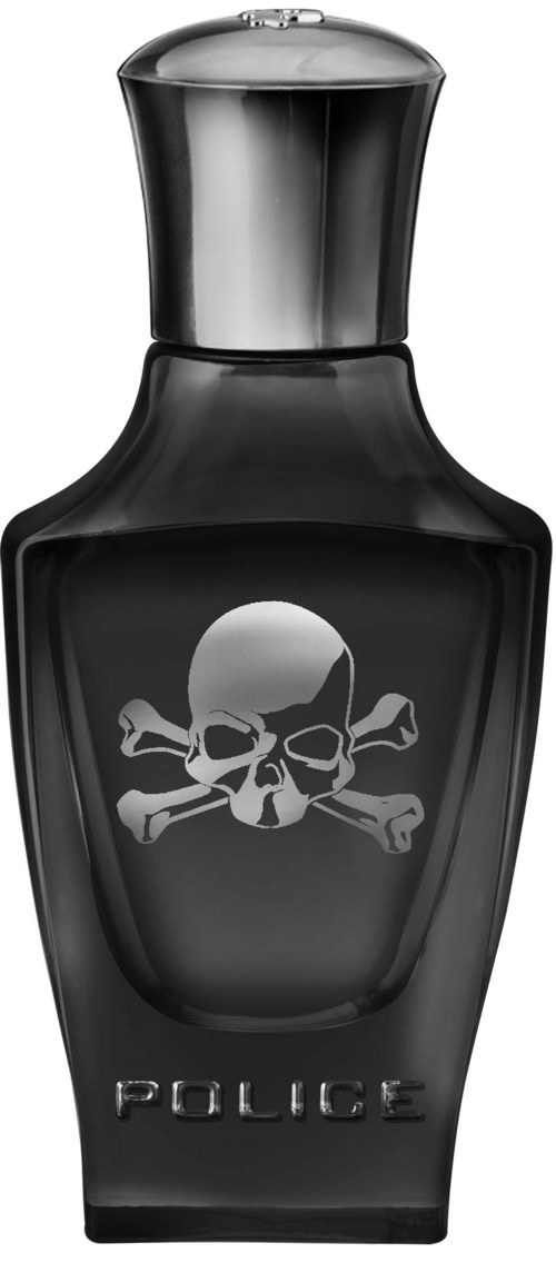 Een zwarte parfumfles met een schedel en kruisbeensymbool en het woord 'POLICE'.