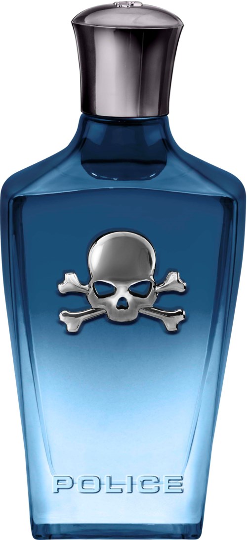 Een blauwe fles met een skull en kruisen logo en het woord 'POLICE' onderaan. Het heeft een zilveren dop.