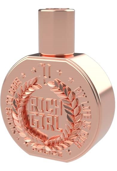 Een ronde roségouden parfumfles met 'Rich Girl' en een lauwerkranslogo op de voorkant.