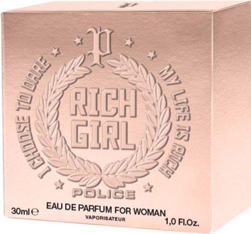 Roze doos met badge-achtig ontwerp, woorden 'Rich Girl' en 'Police', en veren, parfum voor vrouwen, 30ml.