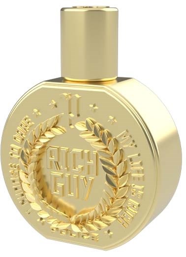 Een gouden parfumfles met ronde vorm, gegraveerd met lauwerkransen en de woorden "RICH GIL" en "LIKE THE BEST."