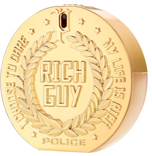 Golden badge with laurel leaves and text saying "RICH GUY" and "POLICE".