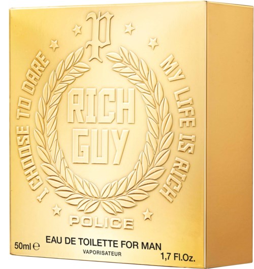 A 50ml bottle of perfume with gold packaging, featuring the words "Rich Guy" and phrases about choosing a rich life.