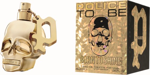Een parfumfles in de vorm van een schedel, een bijpassende schedelillustratie en glanzende verpakking voor Police to Be Born to Shine.