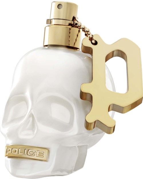 Een witte schedelvormige parfumfles met een gouden dop en een politielabel sleutelring.