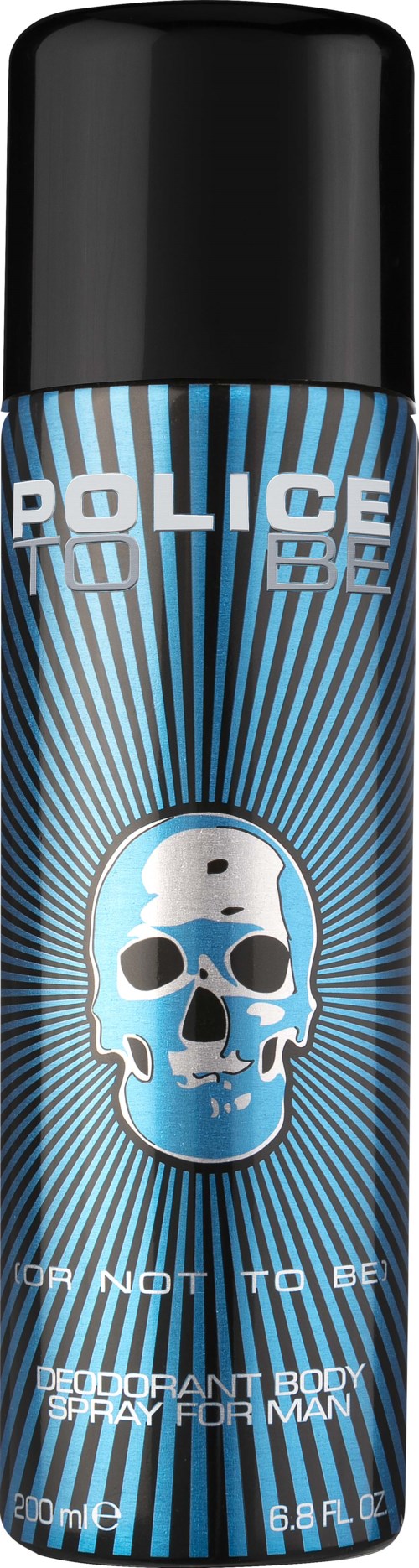 Een deodorant sprayfles met een schedelafbeelding, gelabeld 'Police Ice' en 'Not to Be'.