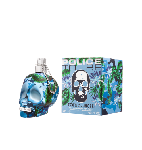 Een parfumfles en doos met een schedel, bladeren en junglethema, gemarkeerd 'Police' en 'Exotic Jungle.'