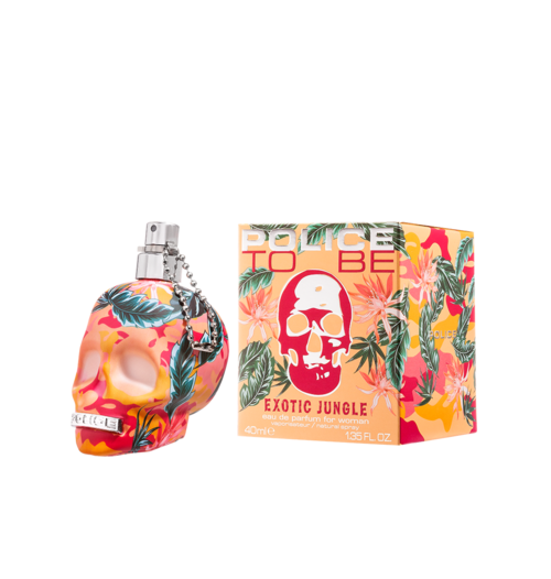 Een parfumfles in de vorm van een schedel met bloemenontwerp en een schedel op de doos, gemarkeerd 'Exotic Jungle'.