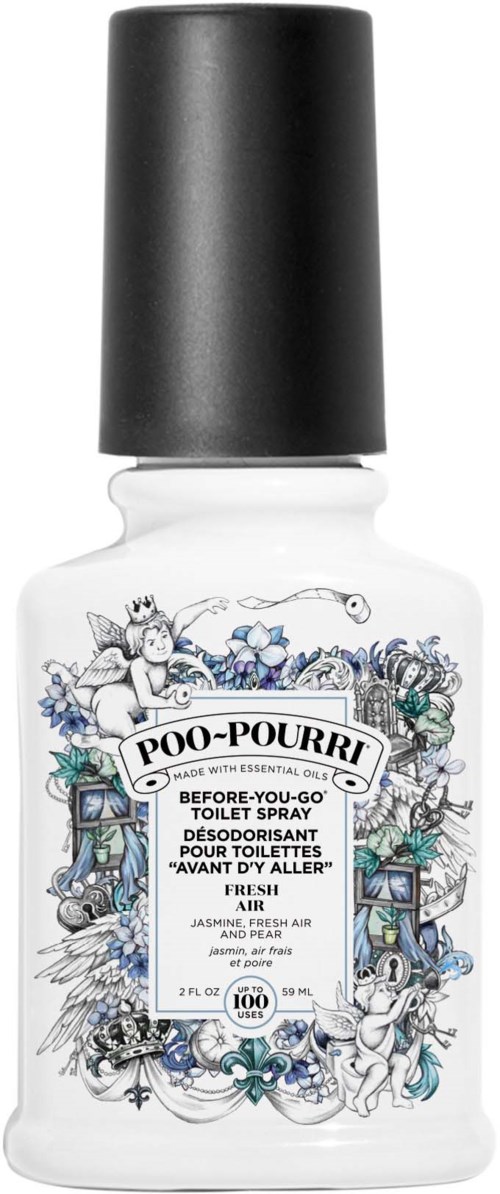 En vit sprayflaska med svart lock, dekorerad med tecknade figurer och blommor, märkt "Poo-Pourri" för toalettsprej.