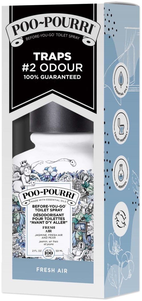 En toalettsprejsflaska märkt 'Poo-Pourri' med illustrationer av en krona, blommor och olika symboler, nämner 'frisk luft.'