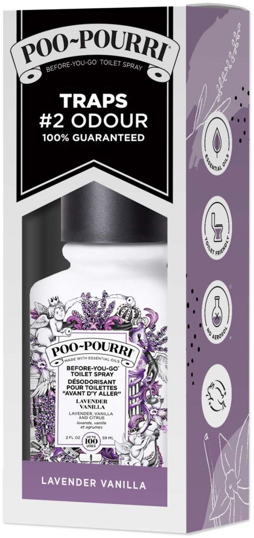 En sprayflaska med lavendel vaniljdoft, märkt som toalettsprej för att kontrollera lukt, med instruktioner och symboler på sidan.