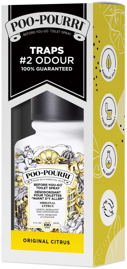 En sprayflaska med citronlukt för toalettdeodorisering, märkt 'Poo-Pourri Original Citrus'.