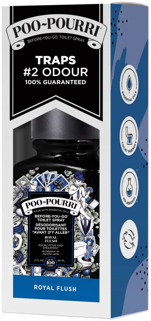 En deodorantspray som heter Poo-Pourri med blå och svart design, riktad mot toalettlukter, märkt Royal Flush.