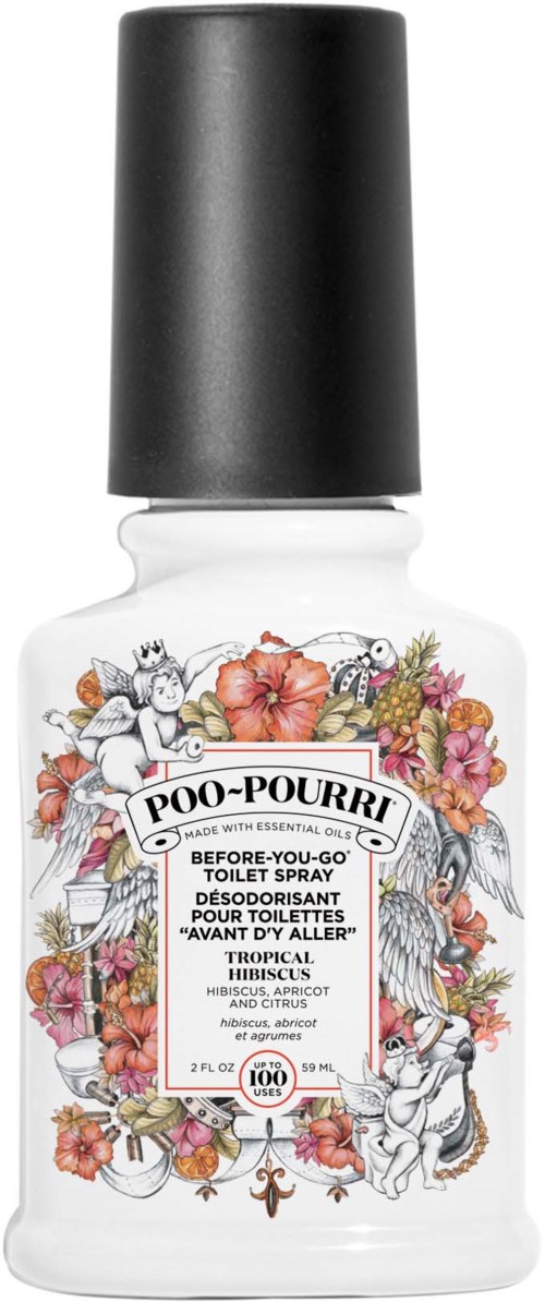 En toalettspreje märkt 'Poo-Pourri' med färgglada blommor och lekfulla karaktärer.