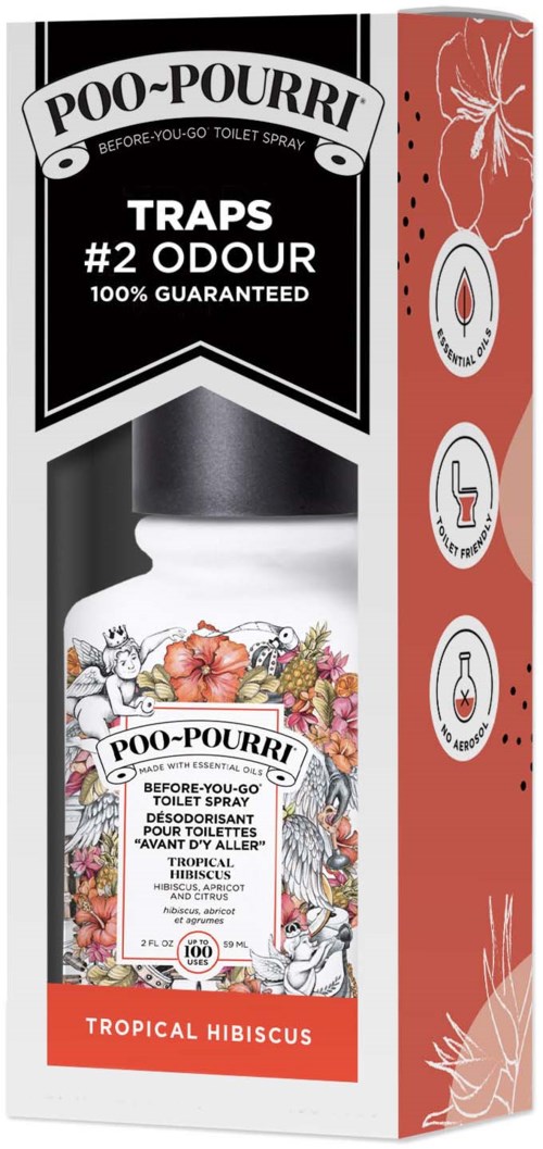 En toalettspray märkt 'POO-POURRI' med blomsterdesign, doft 'Tropical Hibiscus' och instruktioner för användning och ingredienser.