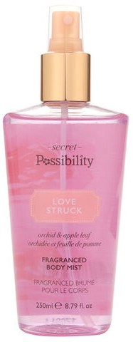 Roze sprayfles met gouden dop, labeled 'Secret Possibility' en 'Love Stuck,' voor body mist.