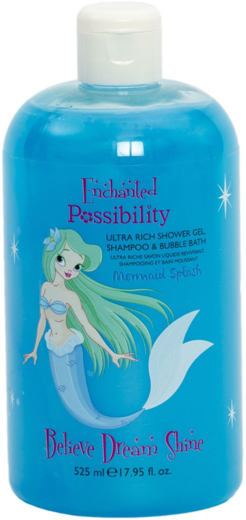 Een blauwe fles showergel met een zeemeerminnenillustratie en kleurrijke tekst "Believe Dream Shine."