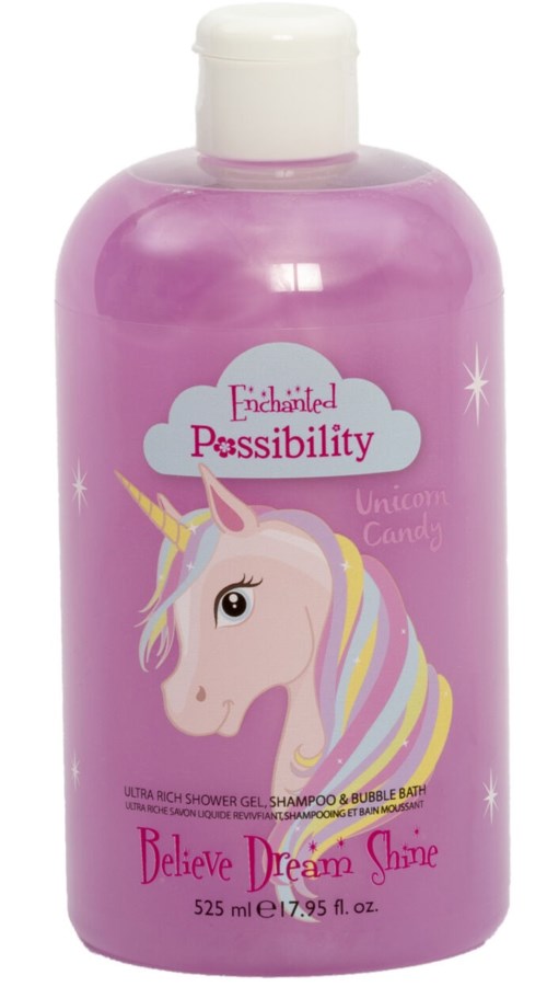 Paars flesje met een eenhoorn en wolken, gelabeld "Believe Dream Shine" voor douchegel en badproducten.