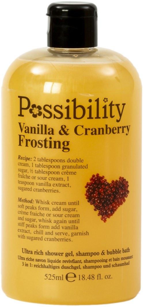 Gele fles met possibility Vanille & Cranberry Frosting met een hartvormige cranberrycluster.