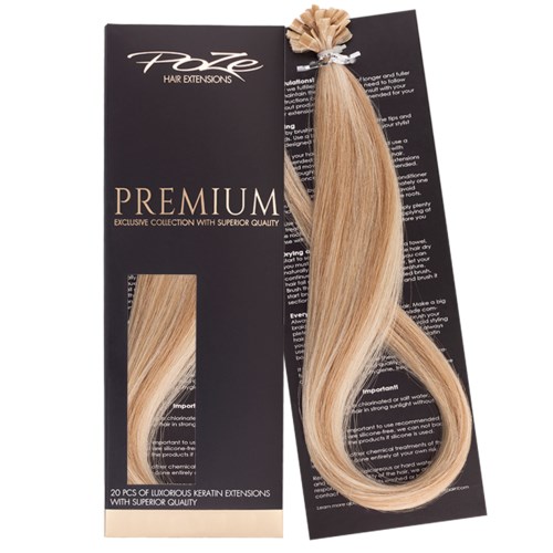 Blont hårförlängning knuten med ett beige band på svart förpackning, märkt 'Premium' med 20 stycken.