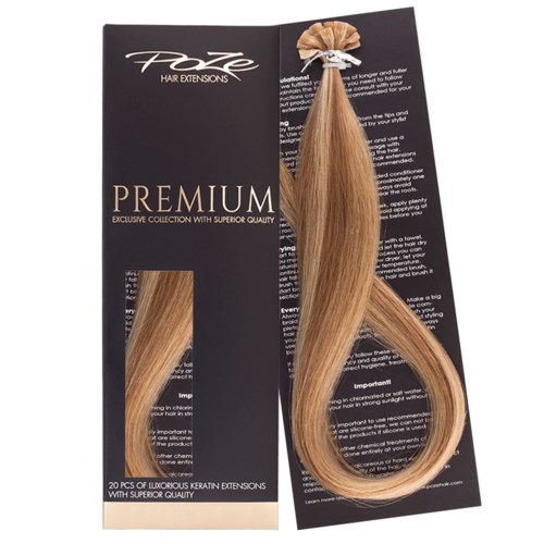 Een zwart pakket met blonde haarextensions bevestigd, gemerkt 'Premium' en '20 stuks luxe keratinextensions.'
